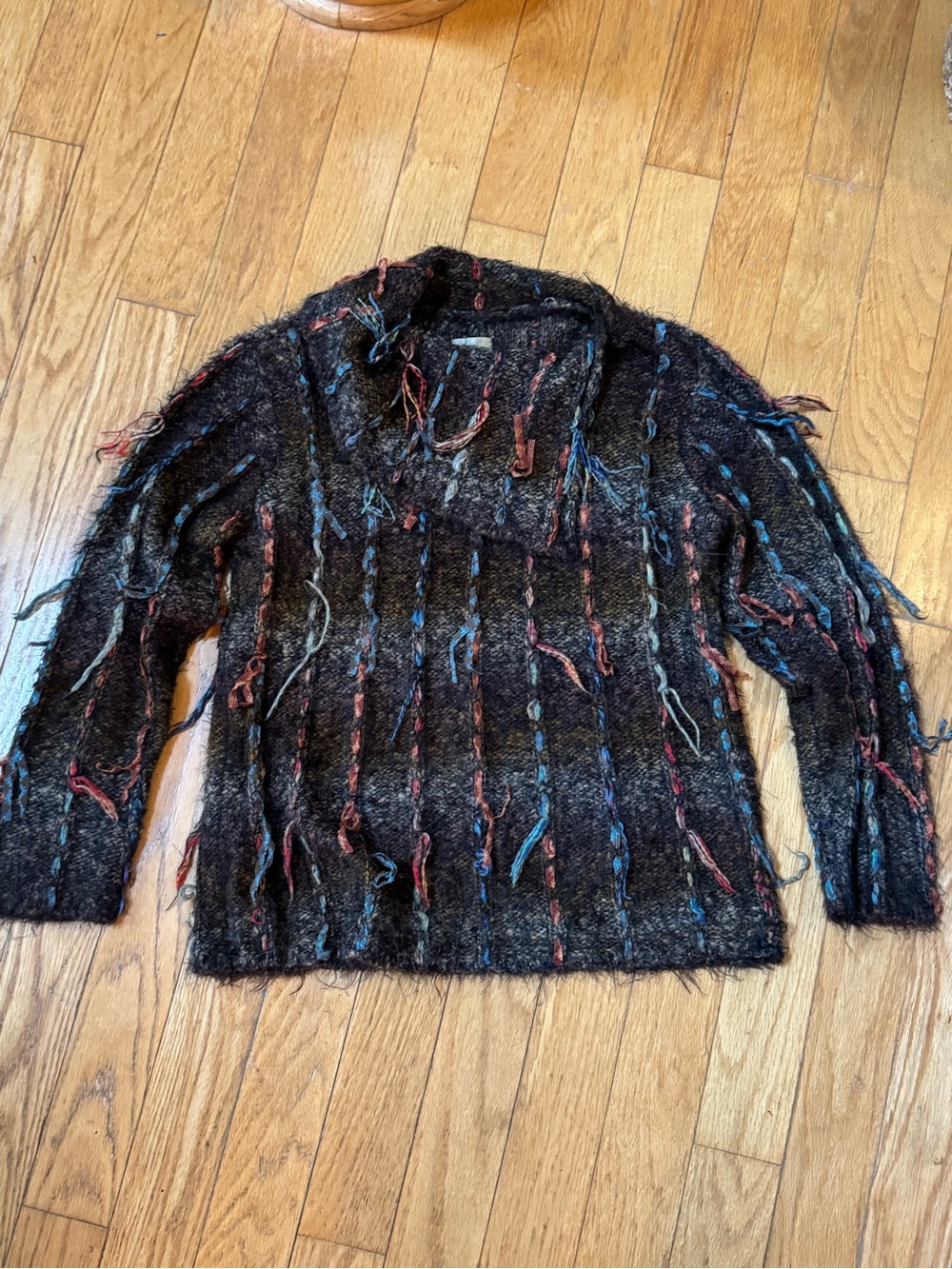 Chicos Womens Textured Ribbon Fringe Sweater Collared M Artsy Boho Eclectic